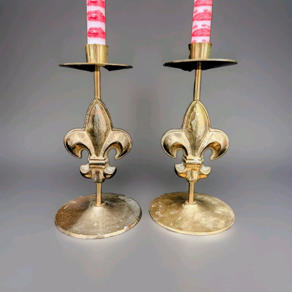 Brass Fleur de Lis Candlestick Taper Candle Holder Set Pair Vintage Gold 7.5"